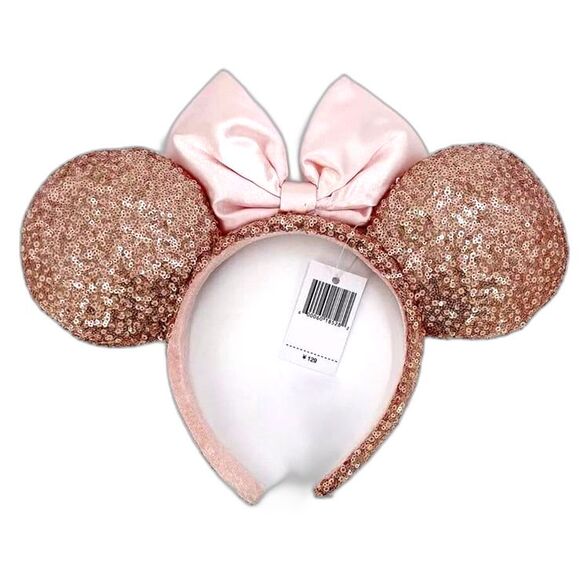 Minnie Mouse Ears Rose Gold Disney Parks Pink Bow Satin Headband Sequin